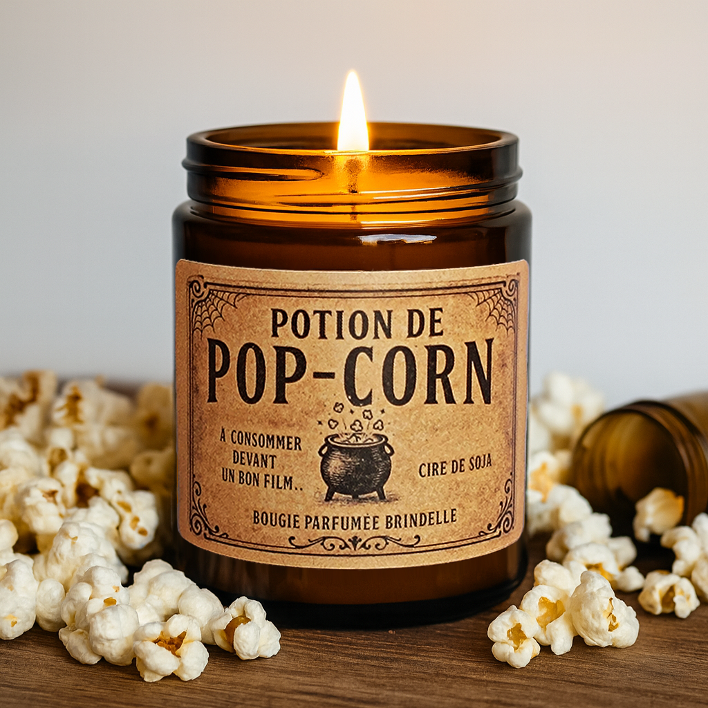 Bougie parfumée Potion de Pop-Corn. Cire végétale artisanale, Parfum popcorn gourmand