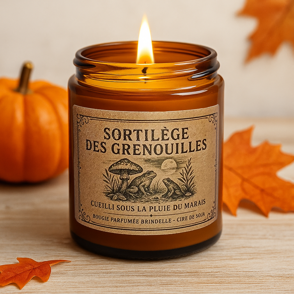 Bougie parfumée en cire de soja. Sortilège des grenouilles. Senteur terre mouillée , pluie