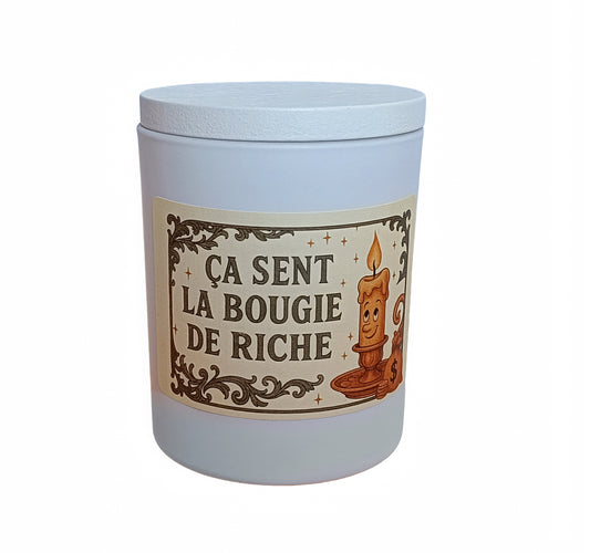 Bougie humoristique parfumée vegane – Ça sent la bougie de riche – Cadeau humour – Cire végétale – Fabriquée en France