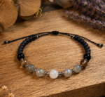 Bracelet phases de lune en pierres naturelles, pierre de lune, labradorite et lave noire