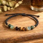 Bracelet œil de tigre et agate mousse, bijou macramé ajustable