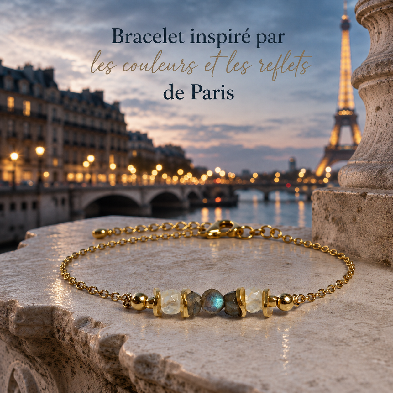 Bracelet Paris en labradorite et pierre de lune. Bijou inspiré par les couleurs de Paris