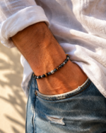 Bracelet homme en pierres naturelles. Obsidienne, œil de tigre et hématite
